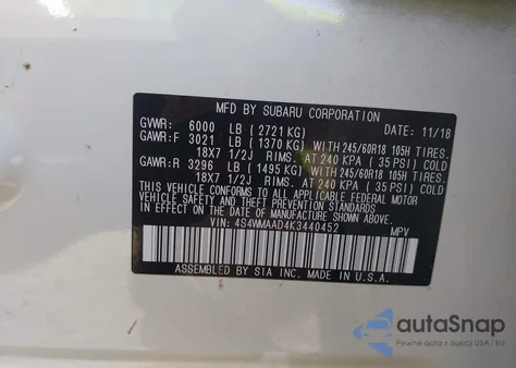 2019 Subaru Ascent из США, поврежденный, VIN 4S4WMAAD4K3440452